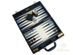 Backgammon Luxe Style Cuir / Pions Cerclés Dorés MM - Bleu